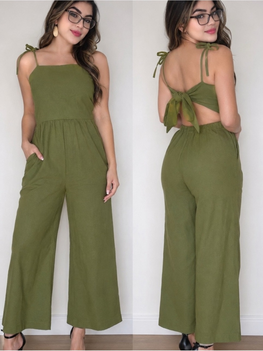 Monteau Los Angeles Women’s Green Wide Leg Tie Back Cropped Linen Jumpsuit SZ S - Picture 2 of 12